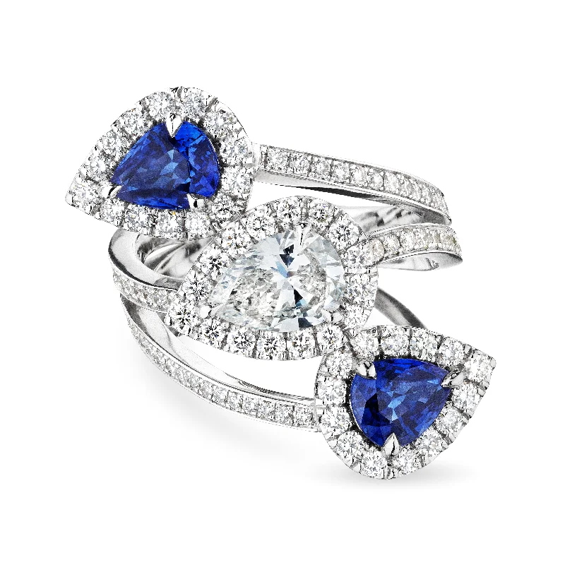 women statement rings -Pear Shape Diamond Spiral Ring with Sapphires, 0.8 CT