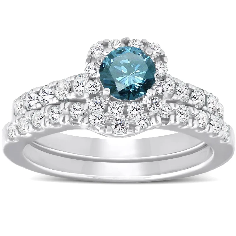 women round engagement rings -1 1/4ct Cushion Halo Blue Diamond Engagement Ring Set 14K White Gold