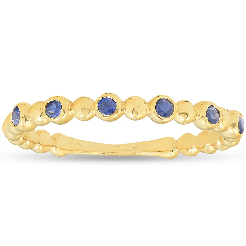 women princess cut engagement rings -14k Yellow Gold Blue Sapphire Ring 1/8ct Womens Stackable Beaded Band