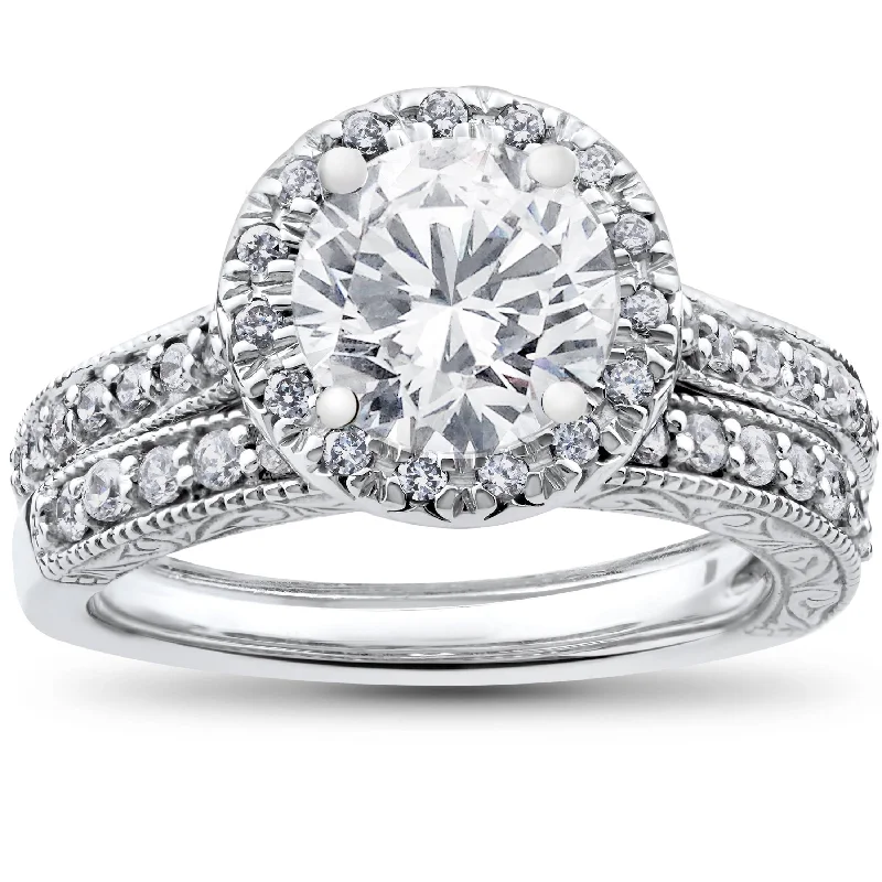 women modern luxury engagement rings -2 1/2 ct Halo Diamond Engagement Vintage Matching Wedding Ring White Gold