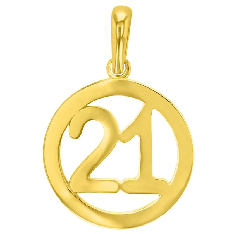 women zodiac necklaces -Solid 14K Yellow Gold Round Number Twenty One Charm Pendant