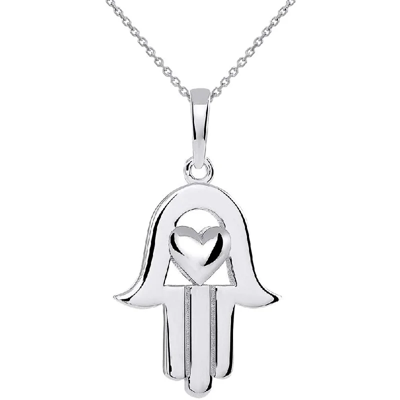 women tassel necklaces -14k White Gold Polished Hamsa Hand of Fatima with Heart Pendant Necklace