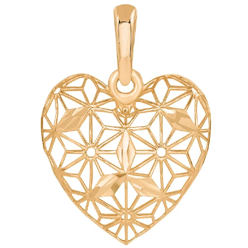 women tassel necklaces -14k Rose Gold Textured 3D Filigree Heart Charm Pendant