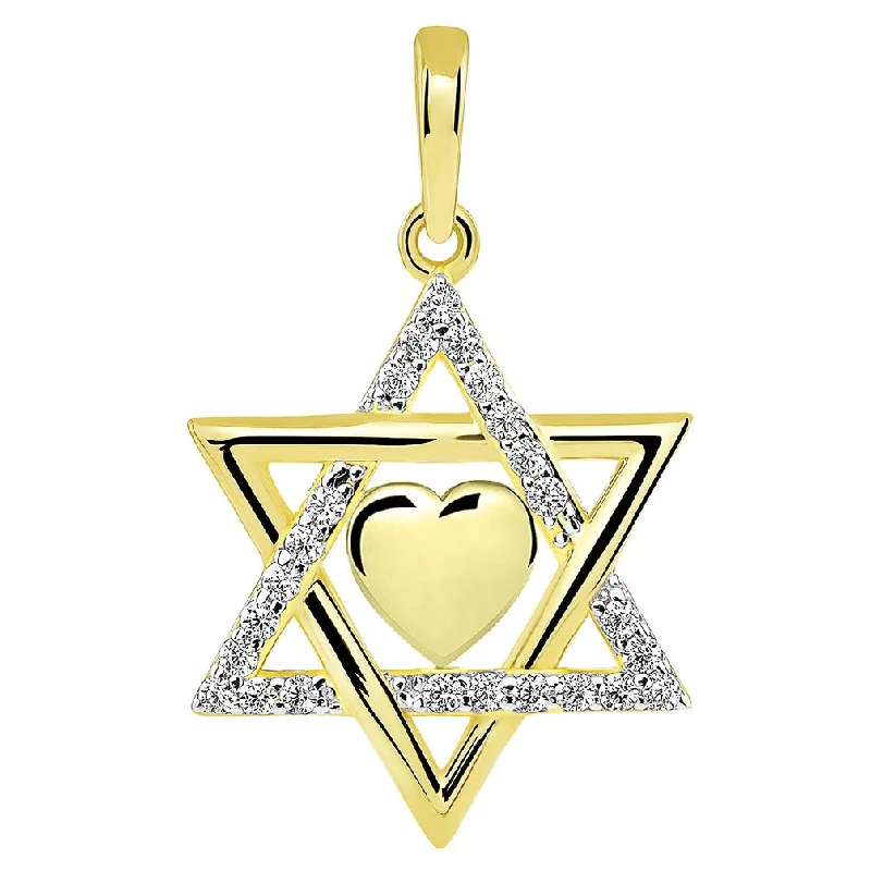 women spiral necklaces -14k Yellow Gold Hebrew Love CZ Star of David with Heart Pendant