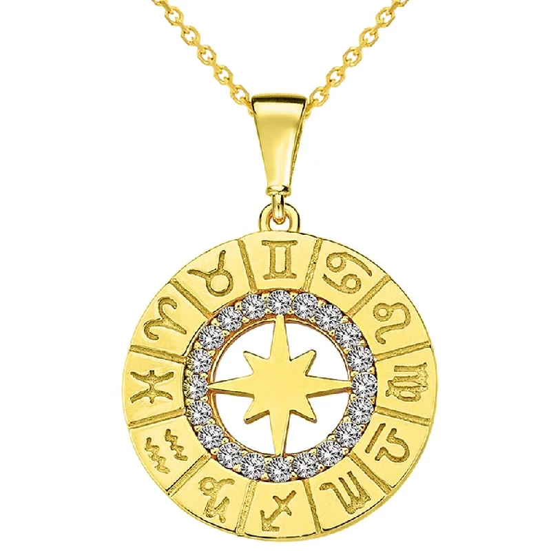 women personalized necklaces -14k Yellow Gold Cubic-Zirconia Round Zodiac Compass Calendar Medallion  Pendant Necklace