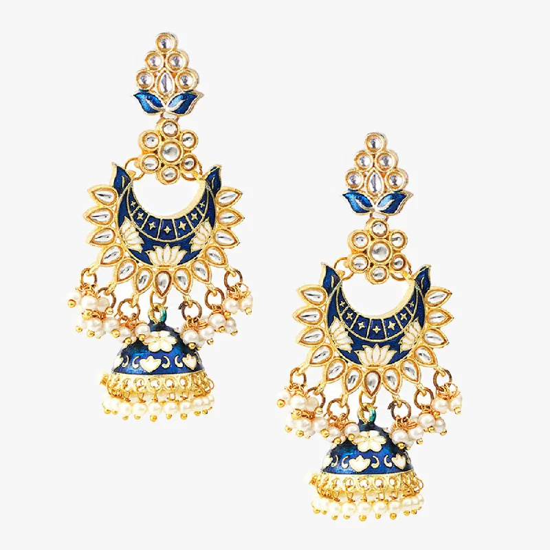 women mismatched earrings -Shagna Gold Plated Meenakari And Pearls Jhumki Earrings