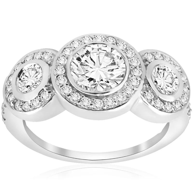 women diamond solitaire engagement rings -2 Carat 3 Stone Halo Enhanced Diamond Engagement Round Cut 14K White Gold