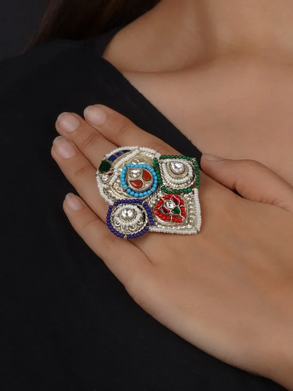 women vintage diamond rings -Multicolor Silver Plated Tribal Ring - EK-SFRNG156M