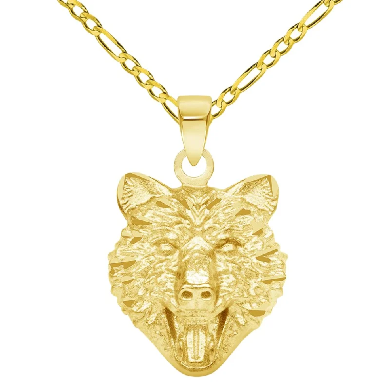 women twisted chain necklaces -14k Yellow Gold Mini Wolf Head Charm Animal Pendant with Figaro Chain Necklace