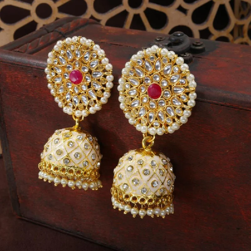 women colorful gemstone earrings -Etnico Gold Plated Meenakari Kundan & Pearl Drop Jhumka Earrings For Women (E2925Cr)