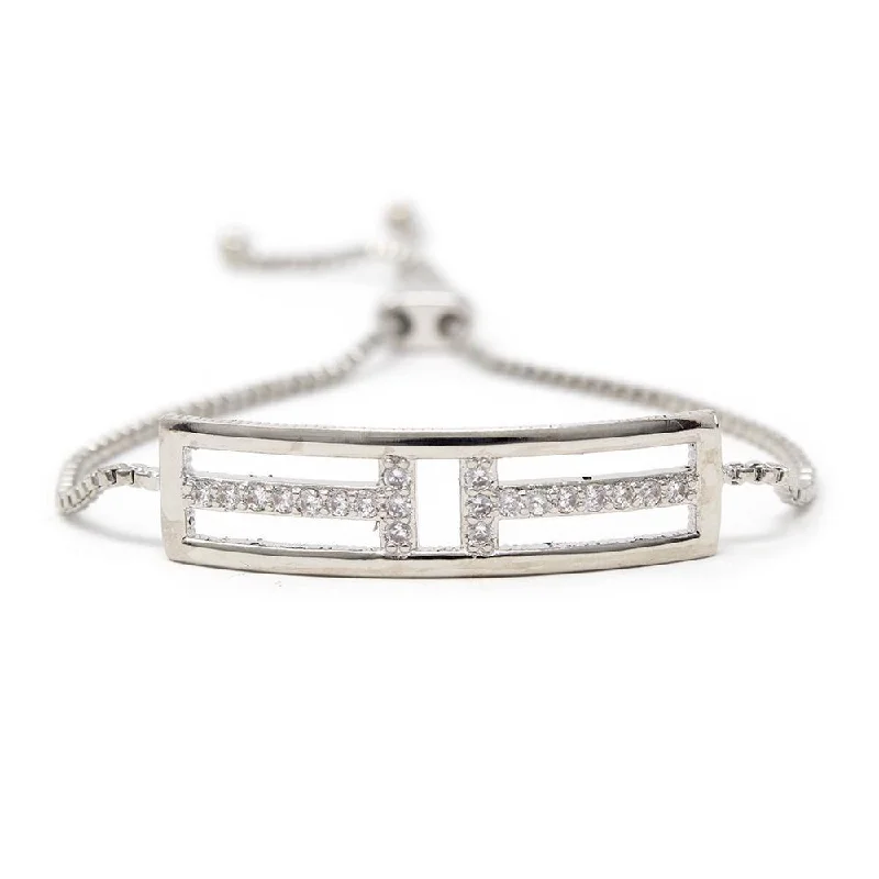 women wedding bracelets -Rhodium Plated CZ Open Bar Adjustable Bracelet