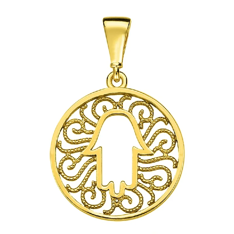 women adjustable necklaces -14k Yellow Gold Round Filigree Hamsa Hand of Fatima Pendant