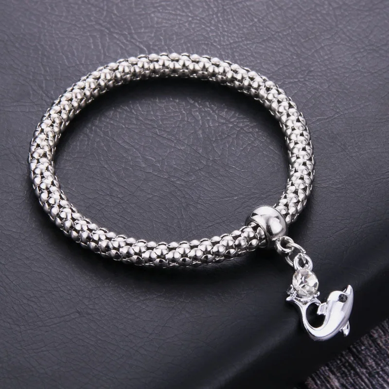 women oval bracelets -Stunning Popcorn Dolphin Charm Friendship Bracelet