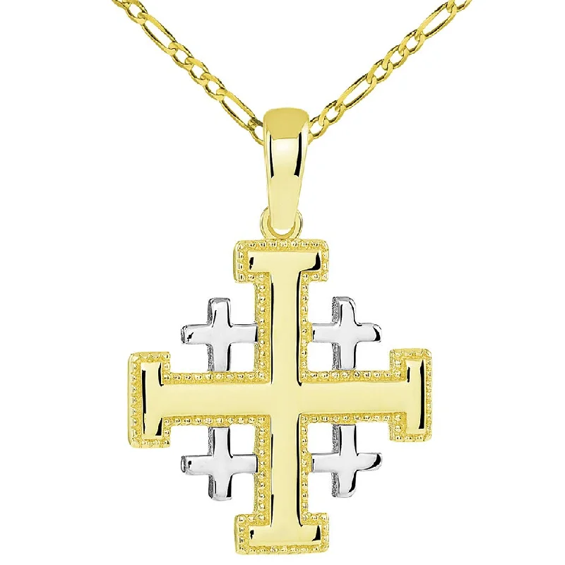 women elegant necklaces -14k Yellow Gold Two Tone Crusaders Jerusalem Cross Pendant with Figaro Chain Necklace