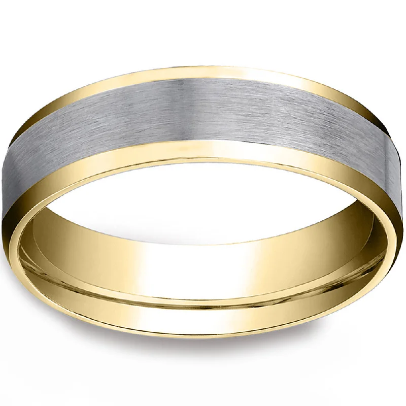 women gold engagement rings -Mens 10k Gold 6MM Satin Wedding Band Flat Beveled Edge Two Tone Ring