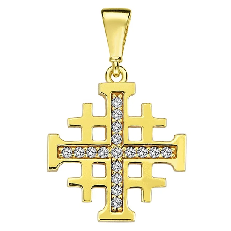 women stylish necklaces -Solid 14k Yellow Gold Religious Crusaders Jerusalem Cross Pendant with Cubic-Zirconia