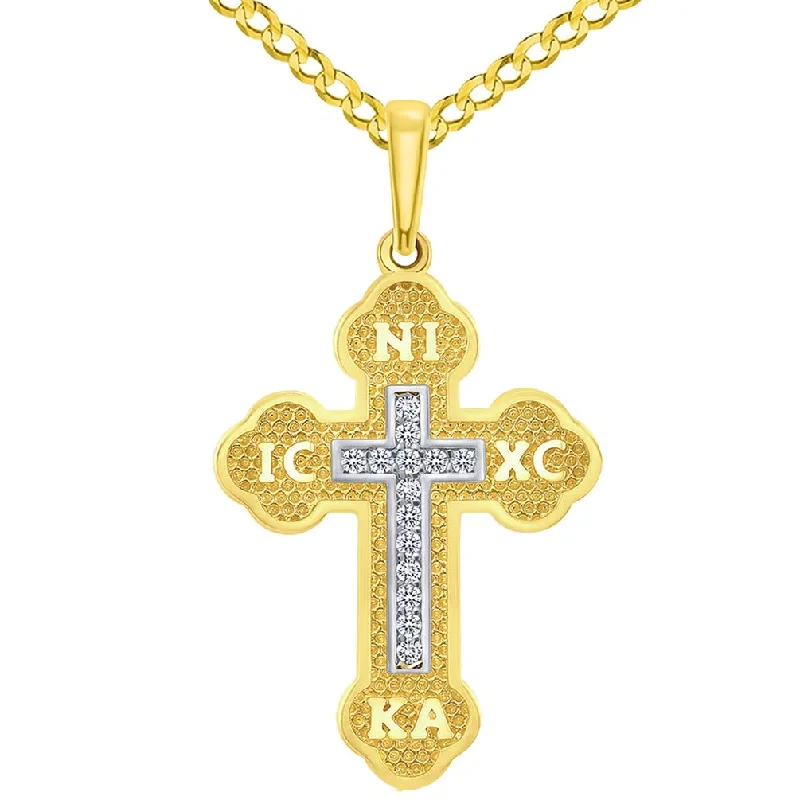 women rope necklaces -14k Yellow Gold Cubic-Zirconia Eastern Orthodox IC XC NI KA Cross Inlay Pendant with Curb Chain Necklace