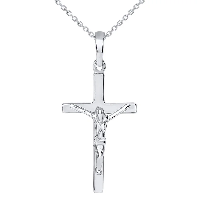 women bridal necklaces -Solid 14K White Gold Simple Cross Jesus Crucifix Charm Pendant Necklace