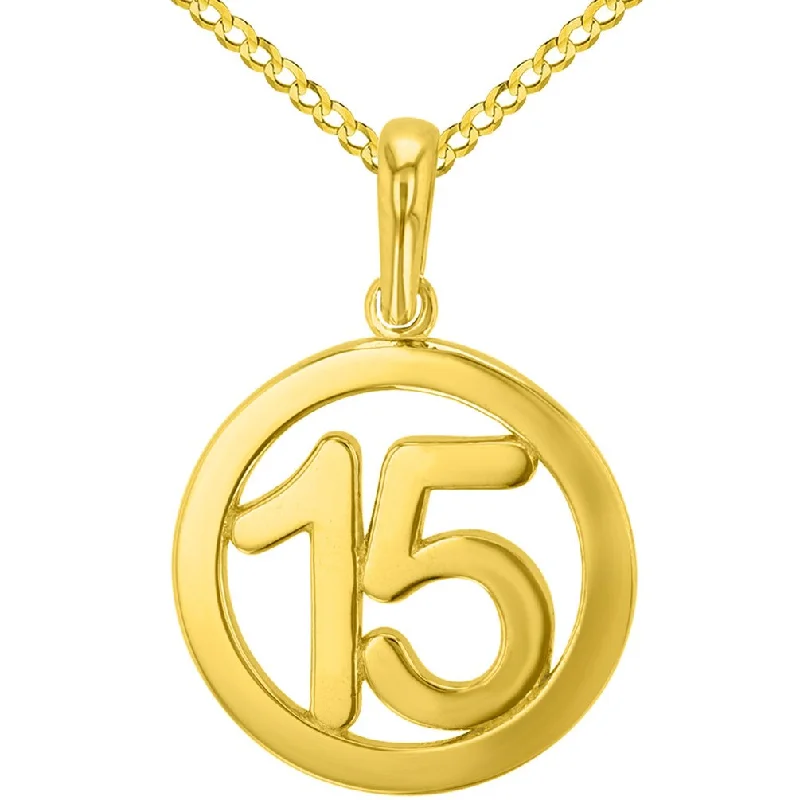 women gemstone drop necklaces -Solid 14K Yellow Gold Round Number Fifteen Charm Pendant with Cuban Chain Necklace