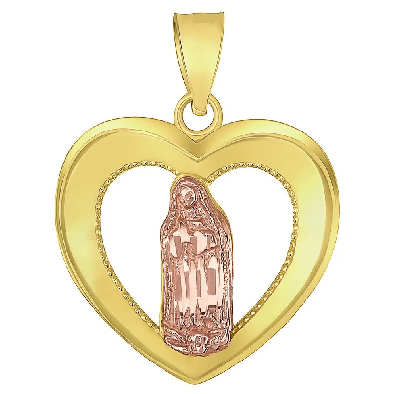 women artistic necklaces -14K Yellow Gold and Rose Gold Heart Shaped Saint Virgin Mary Guadalupe Charm Pendant