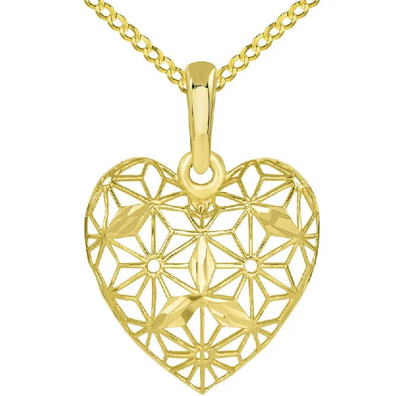 women wedding necklaces -Textured 14K Yellow Gold 3D Heart Charm with Filigree Pendant Cuban Necklace