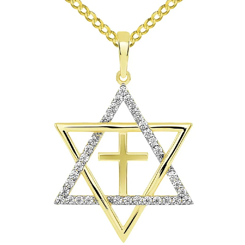 women butterfly necklaces -14k Yellow Gold Large CZ Star of David with Religious Cross Judeo Christian Pendant Cuban Necklace