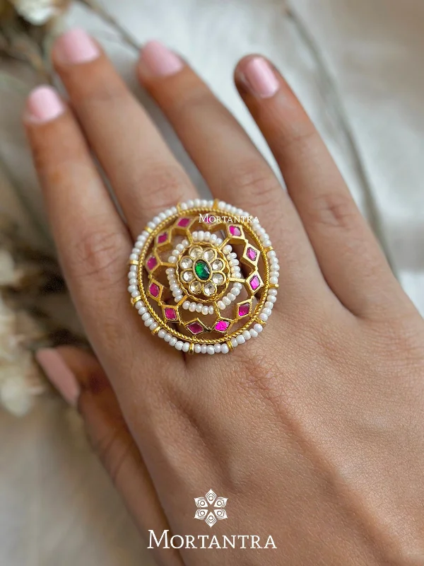 women affordable engagement rings -Pink Color Gold Plated Jadau Kundan Ring - MRNG134P