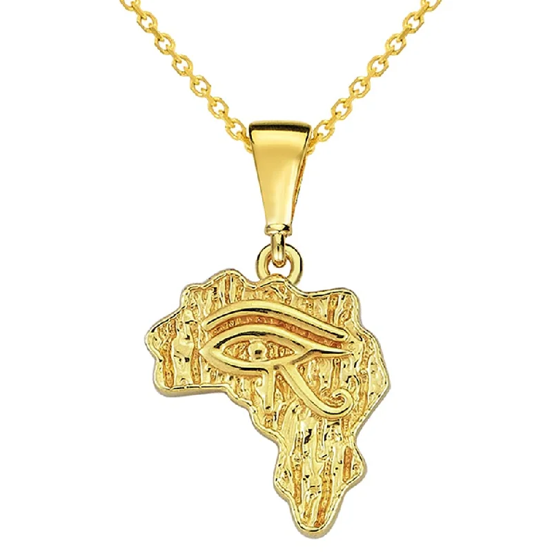 women wedding necklaces -Solid 14k Yellow Gold Mini Eye of Horus Africa Map Pendant Necklace