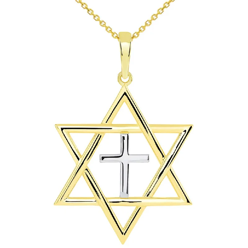 women rose gold necklaces -14k Yellow Gold Medium Jewish Star of David with Religious Cross Judeo Christian Pendant Necklace