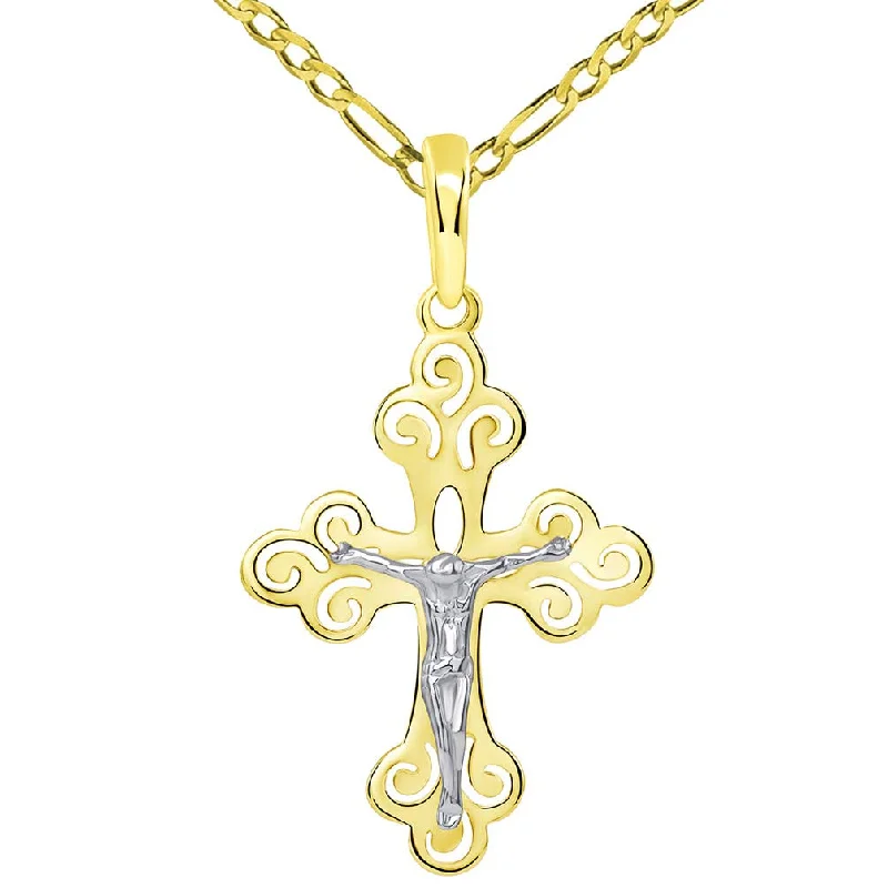 women luxury necklaces -14k Two-Tone Gold Open Filigree Orthodox Cross Christian Crucifix Pendant with Figaro Necklace