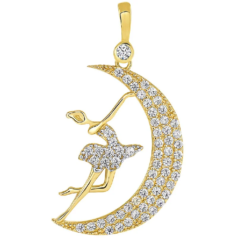 women eco-friendly necklaces -14k Yellow Gold CZ Ballerina Dancer Dancing on the Moon Pendant