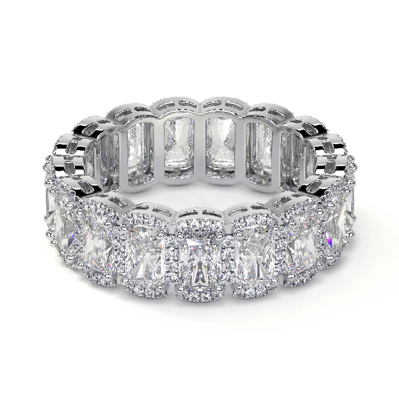 women eternity engagement rings -Emerald Cut Diamond Eternity Ring With Halo