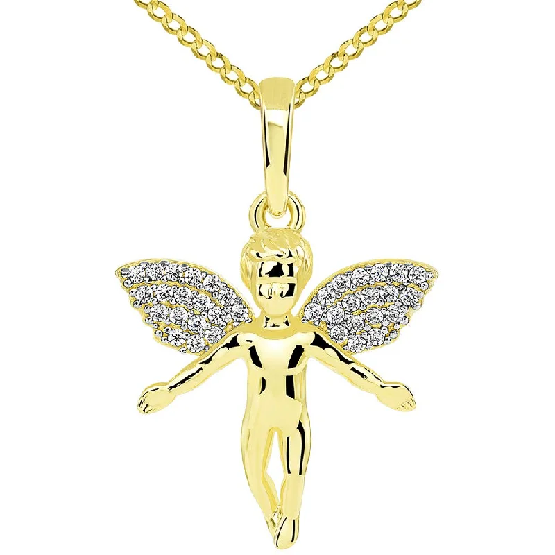 women gold chain necklaces -14k Yellow Gold Flying Guardian Angel with Micro Pave CZ Wings Pendant Cuban Chain Necklace