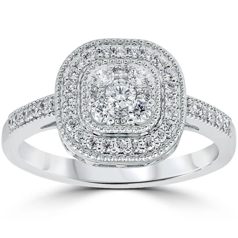 women classic engagement rings -3/8Ct Vintage Natural Diamond Cushion Halo Shape Ring White Gold