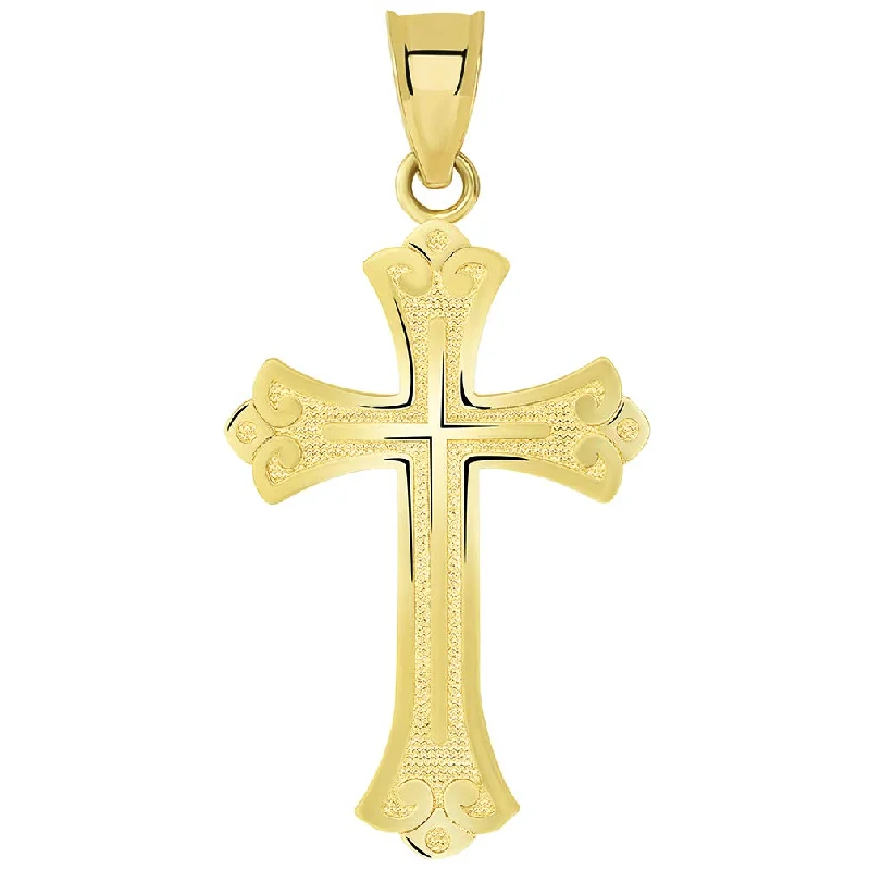 women crystal pendant necklaces -14k Solid Yellow Gold Religious Fleur de Lis Cross Pendant