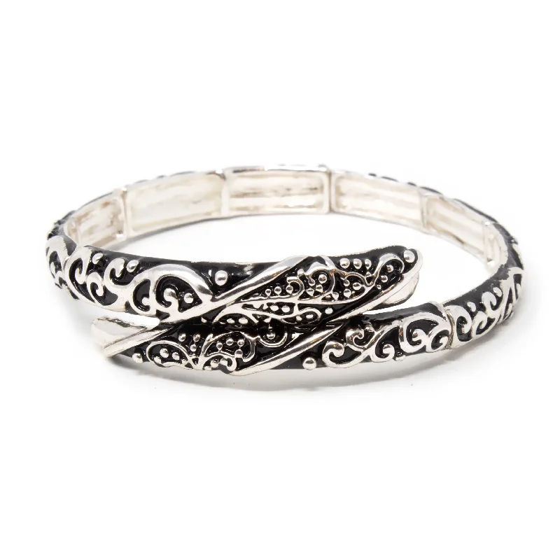 women multi-strand bracelets -Antique Silver Stretch Curl Bracelet Filigree