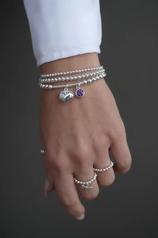 women personalized bracelets -925 Sterling Silver Tube Bracelet w/ Floating Heart & Birthstone, Sterling Silver Stretch Bracelet, Heart Bracelet, Birthstone Bracelet