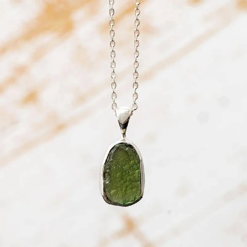 women matching necklaces -Silver Necklace with Rough Moldavite Stone