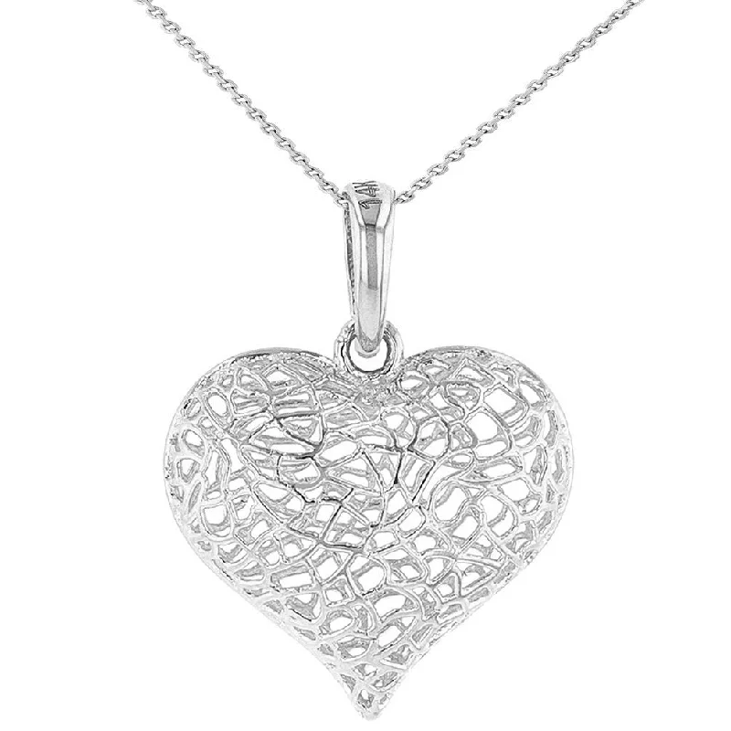 women personalized necklaces -Textured 14k White Gold Puffed Filigree Heart Charm Pendant Necklace