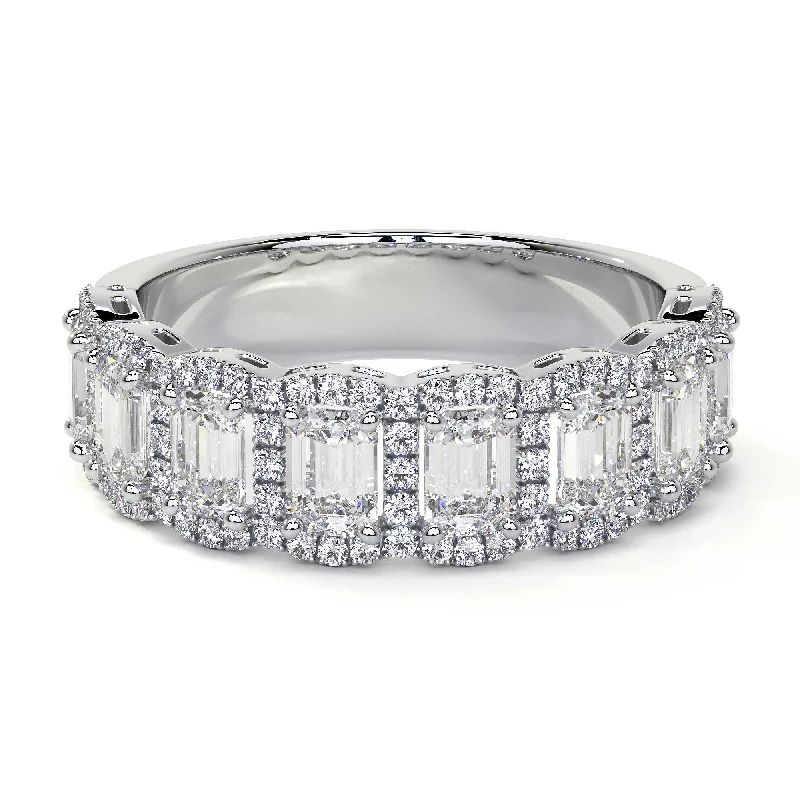 women gold-plated rings -Emerald Cut Diamond Eternity Band with Halo, 2.2 CT