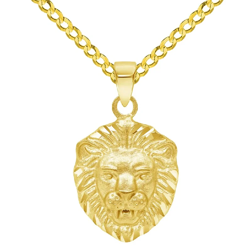 women wedding necklaces -14k Yellow Gold Mini Lion Head Charm Animal Pendant with Cuban Curb Chain Necklace