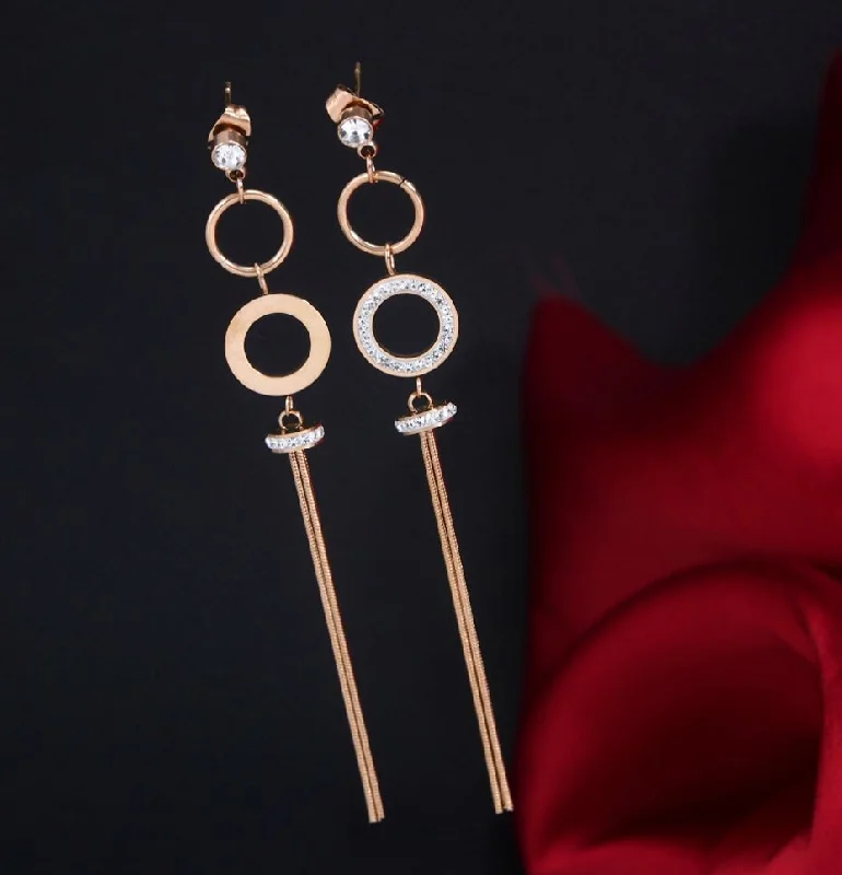 women chandelier earrings -Tarohi Jewels Stainless Steel Rosegold Plated Double Ring Chain Earring- STNER 2734