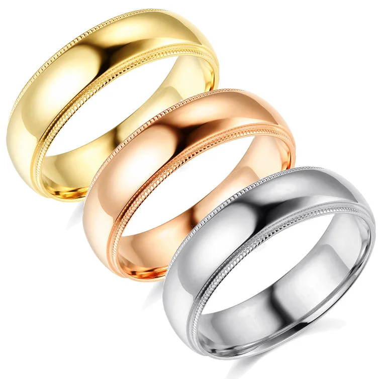 women gold solitaire engagement rings -6mm Milgrain Plain High Polished Dome Wedding Band 10k White, Yellow, Rose Gold