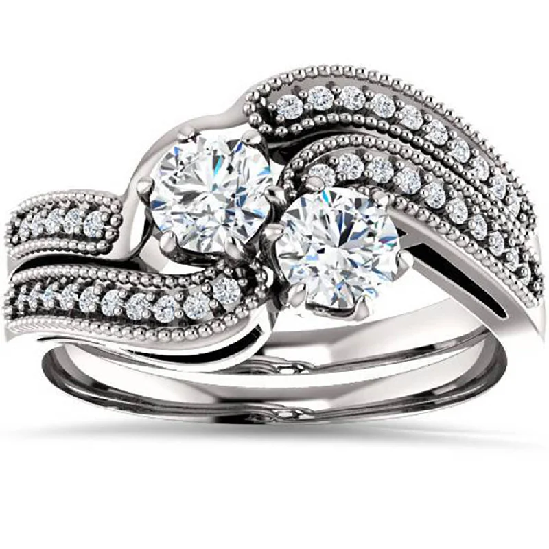 women custom diamond engagement rings -1.00CT Two Stone Diamond Forever Us Engagement Ring Set 10K White Gold