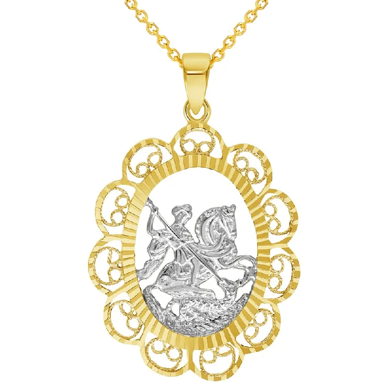 women chain necklaces -Solid 14k Yellow Gold Filigree Patron Saint George Medal Pendant with Cable, Curb, or Figaro Chain Necklaces