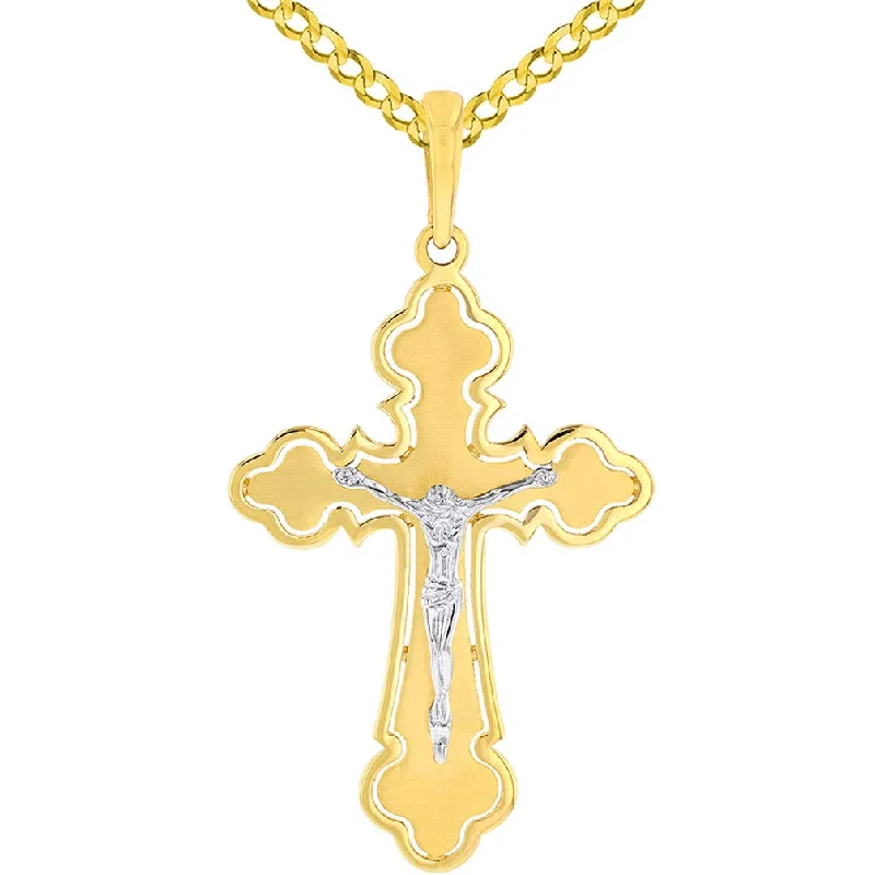 women trendy necklaces -14k Two Tone Gold Open Outline Cross Eastern Orthodox Crucifix Pendant Cuban Concave Necklace