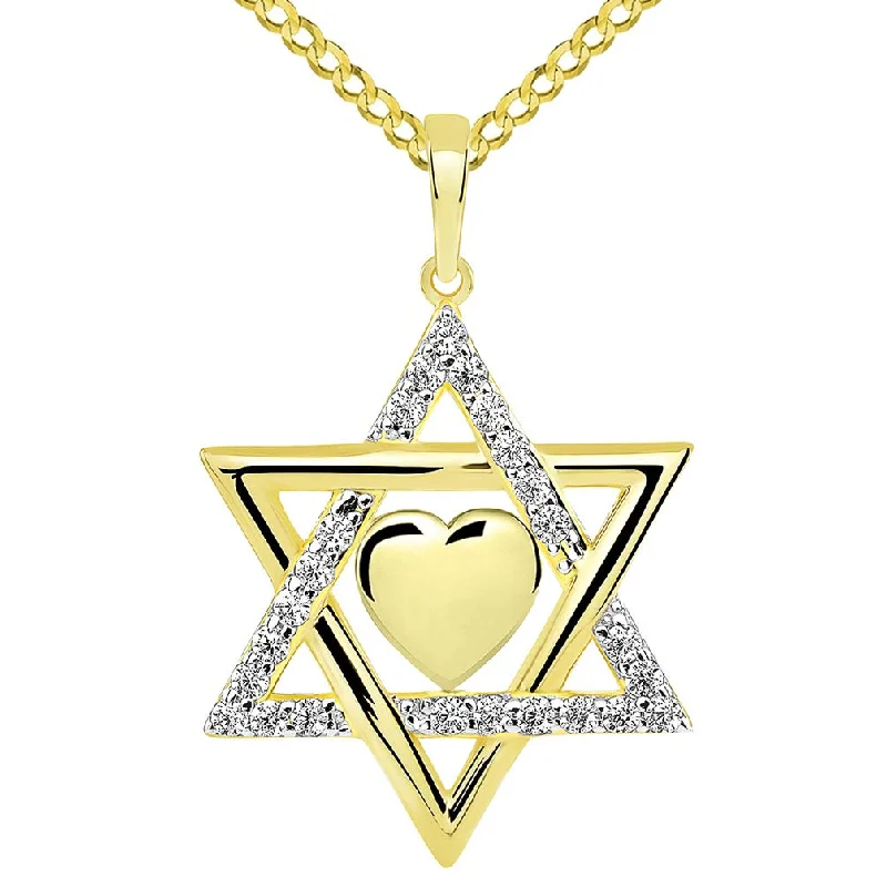 women star-shaped necklaces -14k Yellow Gold Hebrew Love CZ Star of David with Heart Pendant Cuban Necklace