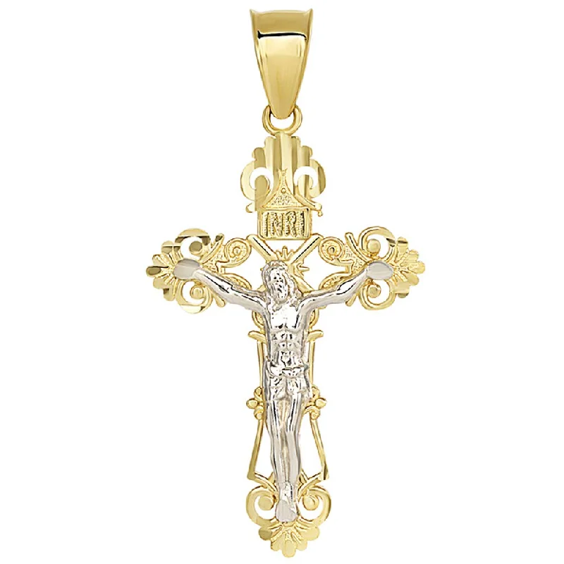 women engraved gold necklaces -Solid 14K Two-Tone Gold Roman Catholic Cross Charm with Jesus INRI Crucifix Pendant