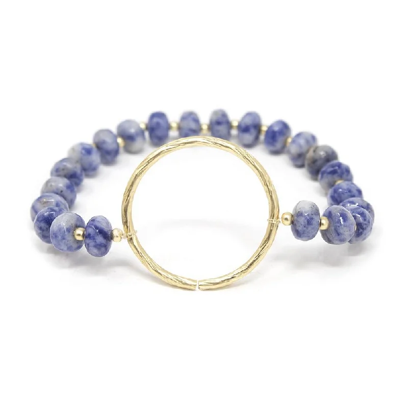 women stackable bracelets -Blue Semi Precious Beaded Bracelet W Brushed Ring Gold T