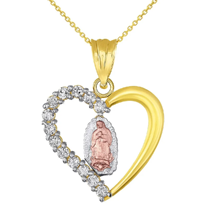 women casual necklaces -14K Yellow Gold and Rose Gold Open Heart Praying Guadalupe Pendant Necklace with Cubic Zirconia Gemstones